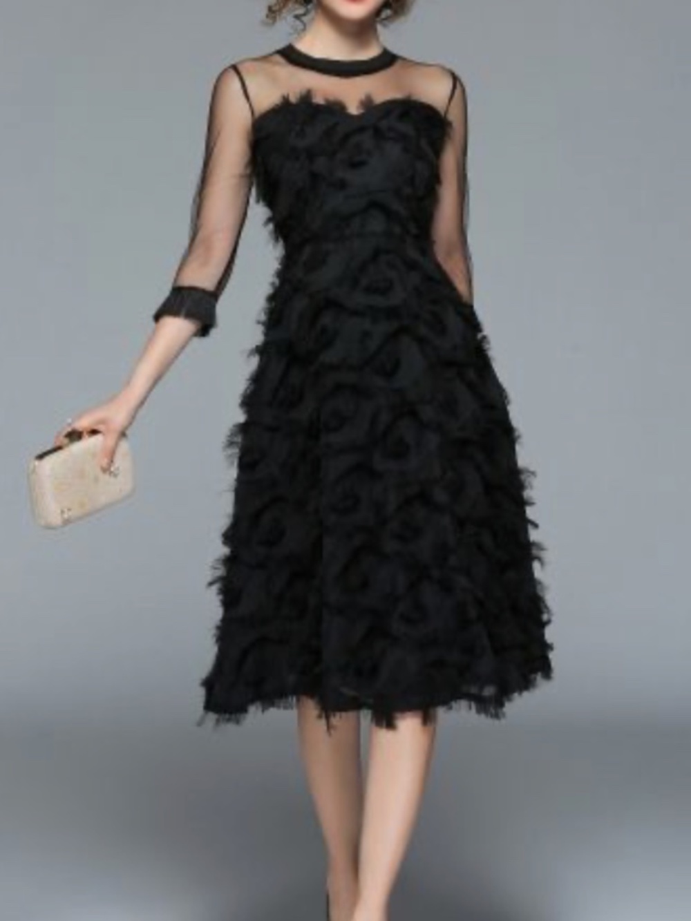 Kaimilan Formal A-line Sheer Midi Dress in Black (Size S)